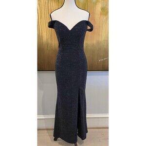 Off Shoulder Evening Gown Dress Womens 6 Navy Glitter Sweetheart Formal Slit